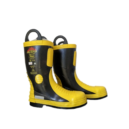 The Fireman Safety Fire Gum Boots are built to offer superior protection and durability in hazardous, high-heat environments. Made from heat-resistant materials, these gum boots protect firefighters’ feet from extreme temperatures, making them ideal for firefighting and rescue operations. With a robust, anti-slip sole, these boots provide stability on wet, uneven, and slippery surfaces, ensuring safety in critical conditions. Designed for comfort and safety, the Fireman Safety Fire Gum Boots feature a reinforced toe and midsole for additional protection against impact and punctures. Lightweight and easy to wear, these boots are essential for firefighting teams requiring reliable footwear that withstands intense conditions. Highlights: Material: High-temperature resistant rubber construction Reinforced toe and midsole for impact protection Anti-slip sole for stability on various surfaces Uses: Ideal for firefighting, rescue operations, and emergency response Suitable for wet, slippery, and uneven terrains Effective for foot protection in high-heat environments Features: Heat-resistant and water-resistant design Reinforced for added foot protection Lightweight and easy to wear during long shifts Benefits: Provides stability and safety in hazardous environments Protects feet from heat, water, and impact Essential footwear for professional firefighters